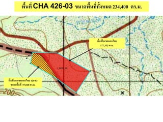พื้นที่ CHA 426-03 ขนาดพื้นที่ทั้งหมด234,400 ตร.ม.
พื้นที่ในเขตแดนไทย
177,352 ตรม.
พื้นที่นอกเขตแดนไทย 426-03
ขนาดพื้นที่ 57,048 ตร.ม.
 