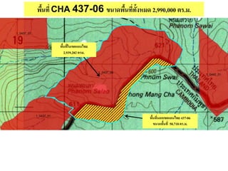 พื้นที่ CHA 437-06 ขนาดพื้นที่ทั้งหมด 2,990,000 ตร.ม.
พื้นที่ในเขตแดนไทย
2,939,282 ตรม.
พื้นที่นอกเขตแดนไทย 437-06
ขนาดพื้นที่ 50,718 ตร.ม.
 