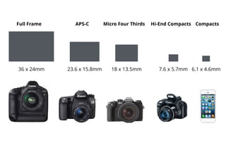 Full Frame APS-C Micro Four Thirds Hi-End Compacts Compacts
36 x 24mm 23.6 x 15.8mm 18 x 13.5mm 7.6 x 5.7mm 6.1 x 4.6mm