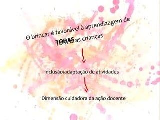 inclusão/adaptação de atividades
O brincar é favorável à aprendizagem de
TODAS as crianças
Dimensão cuidadora da ação docente
TODAS
 