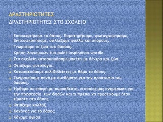 ΔΡΑΣΤΗΡΙΟΤΗΤΕΣ ΣΤΟ ΣΧΟΛΕΙΟ
o Επισκεφτήκαμε το δάσος. Παρατηρήσαμε, φωτογραφήσαμε,
βιντεοσκοπήσαμε, συλλέξαμε φύλλα και σπόρους.
o Γνωρίσαμε τα ζώα του δάσους.
o Χρήση λογισμικών tux paint-inspiration-wordle
 Στο σχολείο κατασκευάσαμε μακέτα με δέντρα και ζώα.
 Φτιάξαμε φυτολόγιο.
 Κατασκευάσαμε σελιδοδείκτες με θέμα το δάσος.
 Ζωγραφίσαμε πανό με συνθήματα για την προστασία του
δάσους.
 Ήρθαμε σε επαφή με πυροσβέστη, ο οποίος μας ενημέρωσε για
την προστασία των δασών και τι πρέπει να προσέχουμε όταν
είμαστε στο δάσος.
 Φτιάξαμε κολλάζ
 Κανόνες για το δάσος
 Κάναμε αφίσα
 