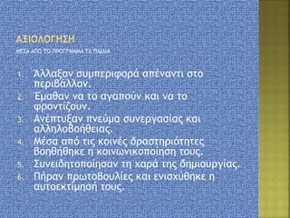 ΜΕΣΑ ΑΠΟ ΤΟ ΠΡΟΓΡΑΜΜΑ ΤΑ ΠΑΙΔΙΑ
¨
1. Άλλαξαν συμπεριφορά απέναντι στο
περιβάλλον.
2. Έμαθαν να το αγαπούν και να το
φροντίζουν.
3. Ανέπτυξαν πνεύμα συνεργασίας και
αλληλοβοήθειας.
4. Μέσα από τις κοινές δραστηριότητες
βοηθήθηκε η κοινωνικοποίηση τους.
5. Συνειδητοποίησαν τη χαρά της δημιουργίας.
6. Πήραν πρωτοβουλίες και ενισχύθηκε η
αυτοεκτίμησή τους.
 