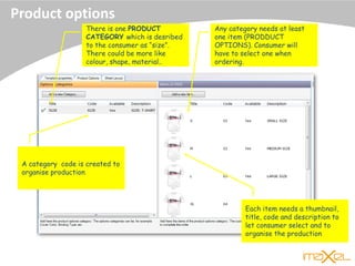 Product options
There is one PRODUCT
CATEGORY which is desribed
to the consumer as “size”.
There could be more like
colour, shape, material..
Any category needs at least
one item (PRODDUCT
OPTIONS). Consumer will
have to select one when
ordering.
A category code is created to
organise production
Each item needs a thumbnail,
title, code and description to
let consumer select and to
organise the production
 