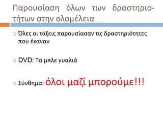 Παρουσίαση όλων των δραστηριο-
τήτων στην ολομέλεια
 Όλες οι τάξεις παρουσίασαν τις δραστηριότητες
που έκαναν
 DVD: Τα μπλε γυαλιά
 Σύνθημα: όλοι μαζί μπορούμε!!!
 