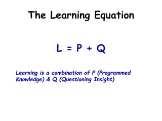 The Learning Equation
L = P + Q
Learning is a combination of P (Programmed
Knowledge) & Q (Questioning Insight)
 