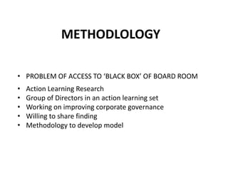 METHODLOLOGY
• PROBLEM OF ACCESS TO ‘BLACK BOX’ OF BOARD ROOM
• Action Learning Research
• Group of Directors in an action learning set
• Working on improving corporate governance
• Willing to share finding
• Methodology to develop model
 