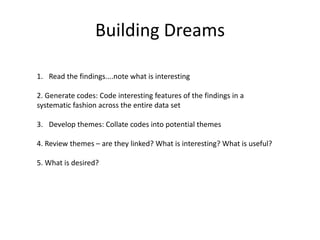 Building Dreams
1. Read the findings....note what is interesting
2. Generate codes: Code interesting features of the findings in a
systematic fashion across the entire data set
3. Develop themes: Collate codes into potential themes
4. Review themes – are they linked? What is interesting? What is useful?
5. What is desired?
 