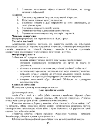 15
3. Створення позитивного образу сільської бібліотеки, як центру
читання та інформації.
Завдання
1. Пропаганда художньої і науково-популярної літератури.
2. Формування правової культури юнацтва.
3. Виховання юнацтва в дусі патріотизму до своєї Батьківщини, до
свого рідного краю.
4. Пропаганда здорового способу життя.
5. Оперативне і повне задоволення запитів читачів.
6. Сприяння навчальному процесу школярів і студентів.
Читацьке призначення
Програма розроблена для групи юнацтва з 14 до 21 року.
Механізм реалізації
Анкетування, книжкові виставки, дні відкритих дверей, дні інформації,
пропаганда художньої і науково-популярної літератури, складання рекомендаційних
списків, залучення до спільної діяльності вчителів і класних керівників,
використання комп’ютерного забезпечення та Інтернет – ресурсів.
Очікувані результати
Здійснення цієї програми дозволить:
 вивчити картину читання та його роль у соціалізації підлітків;
 збільшити відвідуваність користувачів цієї групи та видача їм
документів;
 підвищити значущість читання для успішної реалізації особистості;
 дати можливість розвитку творчого та освітнього потенціалу юнацтва;
 відродити інтерес юнацтва до духовної спадщини країни, шляхом
залучення їхньої уваги до літератури патріотичного звучання;
 створити позитивний образ сільської бібліотеки як культурно-
освітнього центру.
Соціальна значимість
Підвищення престижу читання серед юнацтва.
План примірних заходів
Дні повернутої книги.
Акція «Ти – мені, я – тобі» (обмін книгами з особистих зібрань), «День
читача», «Прочитав книгу – передай іншому», «Ми читаємо і малюємо», «Читаємо
вголос один одному» (для дітей з обмеженими можливостями).
Книжкова виставка «Дорога у всесвіт», «Вам, дівчатка!», «День любові, сім’ї
та вірності», «Нове покоління обирає життя» (профілактика шкідливих звичок,
антинаркотична пропаганда), «Була війна і була Перемога», «Я української армії
солдат» (про воїнів афганців).
Тематична поличка «Уроки гармонії», «Обов’язок чоловіка - захищати
Батьківщину», «З пером в руках проти фашистів».
Бібліотечно-бібліографічний урок «Бібліотека, як інформаційний центр».
 