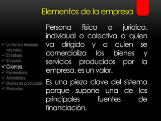 Elementos de la empresa
Persona física o jurídica,
individual o colectiva a quien
va dirigido y a quien se
comercializa los bienes y
servicios producidos por la
empresa, es un valor.
Es una pieza clave del sistema
porque supone una de las
principales fuentes de
financiación.
 La tierra o recursos
naturales.
 El trabajo.
 El capital.
Clientes.
 Proveedores.
 Actividades.
 Medios de producción.
 Productos.
 