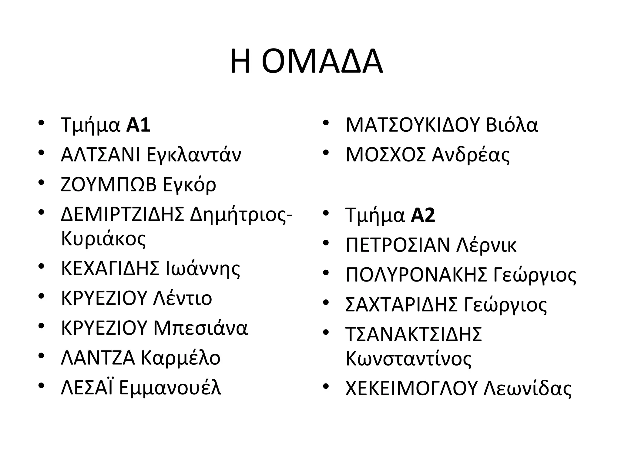 Η ΟΜΑΔΑ
• Τμήμα Α1
• ΑΛΤΣΑΝΙ Εγκλαντάν
• ΖΟΥΜΠΩΒ Εγκόρ
• ΔΕΜΙΡΤΖΙΔΗΣ Δημήτριος-
Κυριάκος
• ΚΕΧΑΓΙΔΗΣ Ιωάννης
• ΚΡΥΕΖΙΟΥ Λέντιο
• ΚΡΥΕΖΙΟΥ Μπεσιάνα
• ΛΑΝΤΖΑ Καρμέλο
• ΛΕΣΑЇ Εμμανουέλ
• ΜΑΤΣΟΥΚΙΔΟΥ Βιόλα
• ΜΟΣΧΟΣ Ανδρέας
• Τμήμα Α2
• ΠΕΤΡΟΣΙΑΝ Λέρνικ
• ΠΟΛΥΡΟΝΑΚΗΣ Γεώργιος
• ΣΑΧΤΑΡΙΔΗΣ Γεώργιος
• ΤΣΑΝΑΚΤΣΙΔΗΣ
Κωνσταντίνος
• ΧΕΚΕΙΜΟΓΛΟΥ Λεωνίδας
 