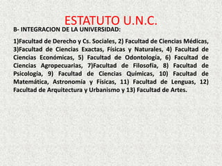 ESTATUTO U.N.C.B- INTEGRACION DE LA UNIVERSIDAD:
1)Facultad de Derecho y Cs. Sociales, 2) Facultad de Ciencias Médicas,
3)Facultad de Ciencias Exactas, Físicas y Naturales, 4) Facultad de
Ciencias Económicas, 5) Facultad de Odontología, 6) Facultad de
Ciencias Agropecuarias, 7)Facultad de Filosofía, 8) Facultad de
Psicología, 9) Facultad de Ciencias Químicas, 10) Facultad de
Matemática, Astronomía y Físicas, 11) Facultad de Lenguas, 12)
Facultad de Arquitectura y Urbanismo y 13) Facultad de Artes.
 