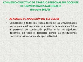 CONVENIO COLECTIVO DE TRABAJO PERSONAL NO DOCENTE
DE UNIVERSIDADES NACIONALES
(Decreto 366/06)
• A) AMBITO DE APLICACIÓN DEL CCT-366/06
• Comprende a todos los trabajadores de las Universidades
Nacionales, cualquiera sea su situación de revista, excluido
el personal de conducción política y los trabajadores
docentes, en todo el territorio donde las Instituciones
Universitarias Nacionales tengan actividad.
 