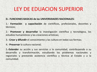 LEY DE EDUACION SUPERIOR
D.- FUNCIONES BASICAS de las UNIVERSIDADES NACIONALES:
1.- Formación y capacitación de científicos, profesionales, docentes y
técnicos;
2.- Promover y desarrollar la investigación científica y tecnológica, los
estudios humanísticos y las creaciones artísticas;
3.- Crear y difundir el conocimiento y las cultura en todas sus formas;
4.- Preservar la cultura nacional;
5.-Extender su acción y sus servicios a la comunidad, contribuyendo a su
desarrollo y transformación, estudiando los problemas nacionales y
regionales y prestando asistencia científica y técnica al Estado y a la
comunidad.
 