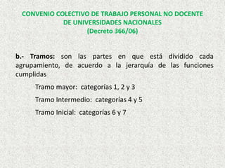 CONVENIO COLECTIVO DE TRABAJO PERSONAL NO DOCENTE
DE UNIVERSIDADES NACIONALES
(Decreto 366/06)
b.- Tramos: son las partes en que está dividido cada
agrupamiento, de acuerdo a la jerarquía de las funciones
cumplidas
Tramo mayor: categorías 1, 2 y 3
Tramo Intermedio: categorías 4 y 5
Tramo Inicial: categorías 6 y 7
 