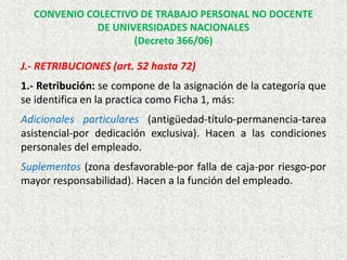 J.- RETRIBUCIONES (art. 52 hasta 72)
1.- Retribución: se compone de la asignación de la categoría que
se identifica en la practica como Ficha 1, más:
Adicionales particulares (antigüedad-título-permanencia-tarea
asistencial-por dedicación exclusiva). Hacen a las condiciones
personales del empleado.
Suplementos (zona desfavorable-por falla de caja-por riesgo-por
mayor responsabilidad). Hacen a la función del empleado.
CONVENIO COLECTIVO DE TRABAJO PERSONAL NO DOCENTE
DE UNIVERSIDADES NACIONALES
(Decreto 366/06)
 