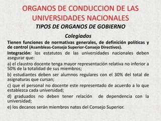 Colegiados
Tienen funciones de normativas generales, de definición políticas y
de control (Asambleas-Consejo Superior-Consejo Directivos).
Integración: los estatutos de las universidades nacionales deben
asegurar que:
a) el claustro docente tenga mayor representación relativa no inferior a
50% de la totalidad de sus miembros;
b) estudiantes deben ser alumnos regulares con el 30% del total de
asignaturas que cursan;
c) que el personal no docente este representado de acuerdo a lo que
establezca cada universidad;
d) graduados no deben tener relación de dependencia con la
universidad;
e) los decanos serán miembros natos del Consejo Superior.
ORGANOS DE CONDUCCION DE LAS
UNIVERSIDADES NACIONALES
TIPOS DE ORGANOS DE GOBIERNO
 