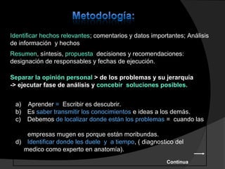 Identificar hechos relevantes; comentarios y datos importantes; Análisis
de información y hechos
Resumen, síntesis, propuesta decisiones y recomendaciones:
designación de responsables y fechas de ejecución.
Separar la opinión personal > de los problemas y su jerarquía
-> ejecutar fase de análisis y concebir soluciones posibles.
a) Aprender = Escribir es descubrir.
b) Es saber transmitir los conocimientos e ideas a los demás.
c) Debemos de localizar donde están los problemas = cuando las
empresas mugen es porque están moribundas.
d) Identificar donde les duele y a tiempo, ( diagnostico del
medico como experto en anatomía).
Continua
 