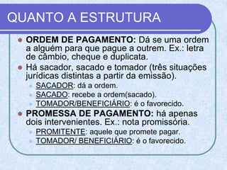QUANTO A ESTRUTURA
 ORDEM DE PAGAMENTO: Dá se uma ordem
a alguém para que pague a outrem. Ex.: letra
de câmbio, cheque e duplicata.
 Há sacador, sacado e tomador (três situações
jurídicas distintas a partir da emissão).
 SACADOR: dá a ordem.
 SACADO: recebe a ordem(sacado).
 TOMADOR/BENEFICIÁRIO: é o favorecido.
 PROMESSA DE PAGAMENTO: há apenas
dois intervenientes. Ex.: nota promissória.
 PROMITENTE: aquele que promete pagar.
 TOMADOR/ BENEFICIÁRIO: é o favorecido.
 