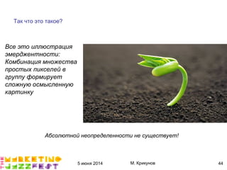 5 июня 2014 М. Крикунов 44
Так что это такое?
Абсолютной неопределенности не существует#
Все это иллюстрация
эмерджентности¼
Комбинация множества
простых пикселей в
группу формирует
сложную осмысленную
картинку
 