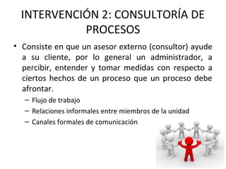 INTERVENCIÓN 2: CONSULTORÍA DE
PROCESOS
• Consiste en que un asesor externo (consultor) ayude
a su cliente, por lo general un administrador, a
percibir, entender y tomar medidas con respecto a
ciertos hechos de un proceso que un proceso debe
afrontar.
– Flujo de trabajo
– Relaciones informales entre miembros de la unidad
– Canales formales de comunicación
 