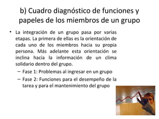 b) Cuadro diagnóstico de funciones y
papeles de los miembros de un grupo
• La integración de un grupo pasa por varias
etapas. La primera de ellas es la orientación de
cada uno de los miembros hacia su propia
persona. Más adelante esta orientación se
inclina hacia la información de un clima
solidario dentro del grupo.
– Fase 1: Problemas al ingresar en un grupo
– Fase 2: Funciones para el desempeño de la
tarea y para el mantenimiento del grupo
 