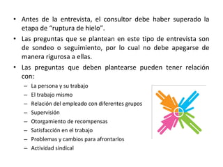 • Antes de la entrevista, el consultor debe haber superado la
etapa de “ruptura de hielo”.
• Las preguntas que se plantean en este tipo de entrevista son
de sondeo o seguimiento, por lo cual no debe apegarse de
manera rigurosa a ellas.
• Las preguntas que deben plantearse pueden tener relación
con:
– La persona y su trabajo
– El trabajo mismo
– Relación del empleado con diferentes grupos
– Supervisión
– Otorgamiento de recompensas
– Satisfacción en el trabajo
– Problemas y cambios para afrontarlos
– Actividad sindical
 