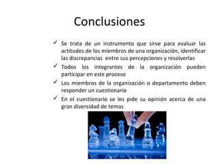 Conclusiones
 Se trata de un instrumento que sirve para evaluar las
actitudes de los miembros de una organización, identificar
las discrepancias entre sus percepciones y resolverlas
 Todos los integrantes de la organización pueden
participar en este proceso
 Los miembros de la organización o departamento deben
responder un cuestionario
 En el cuestionario se les pide su opinión acerca de una
gran diversidad de temas
 