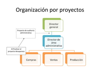 Organización por proyectos
Proyecto de auditoría
administrativa
Al finalizar el
proyecto desaparece
 