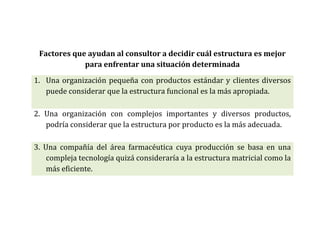 Factores que ayudan al consultor a decidir cuál estructura es mejor
para enfrentar una situación determinada
1. Una organización pequeña con productos estándar y clientes diversos
puede considerar que la estructura funcional es la más apropiada.
2. Una organización con complejos importantes y diversos productos,
podría considerar que la estructura por producto es la más adecuada.
3. Una compañía del área farmacéutica cuya producción se basa en una
compleja tecnología quizá consideraría a la estructura matricial como la
más eficiente.
 