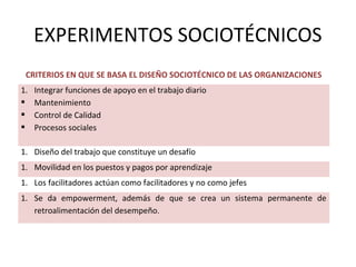 EXPERIMENTOS SOCIOTÉCNICOS
CRITERIOS EN QUE SE BASA EL DISEÑO SOCIOTÉCNICO DE LAS ORGANIZACIONES
1. Integrar funciones de apoyo en el trabajo diario
 Mantenimiento
 Control de Calidad
 Procesos sociales
1. Diseño del trabajo que constituye un desafío
1. Movilidad en los puestos y pagos por aprendizaje
1. Los facilitadores actúan como facilitadores y no como jefes
1. Se da empowerment, además de que se crea un sistema permanente de
retroalimentación del desempeño.
 