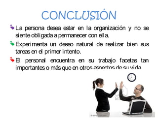 CONCLUSIÓN
La persona desea estar en la organización y no se
sienteobligadaapermanecer con ella.
Experimenta un deseo natural de realizar bien sus
tareasen el primer intento.
El personal encuentra en su trabajo facetas tan
importanteso másqueen otrosaspectosdesu vida.
 