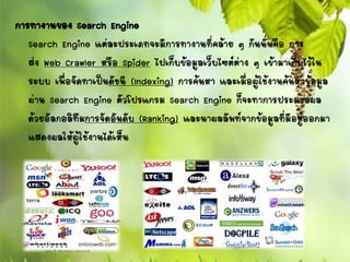 การทางานของ Search Engine
Search Engine แต่ละประเภทจะมีการทางานที่คล้าย ๆ กันนั่นคือ การ
ส่ง Web Crawler หรือ Spider ไปเก็บข้อมูลเว็บไซต์ต่าง ๆ เข้ามาเก็บไว้ใน
ระบบ เพื่อจัดทาเป็นดัชนี (Indexing) การค้นหา และเมื่อผู้ใช้งานค้นหาข้อมูล
ผ่าน Search Engine ตัวโปรแกรม Search Engine ก็จะทาการประมวลผล
ด้วยอัลกอลิทึมการจัดอันดับ (Ranking) และนาผลลัพท์จากข้อมูลที่มีอยู่ออกมา
แสดงผลให้ผู้ใช้งานได้เห็น
 