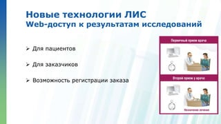 Ленинские горы, д.1, стр.77
Новые технологии ЛИС
Web-доступ к результатам исследований
 Для пациентов
 Для заказчиков
 Возможность регистрации заказа
 