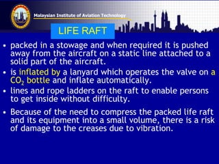 Malaysian Institute of Aviation Technology
• packed in a stowage and when required it is pushed
away from the aircraft on a static line attached to a
solid part of the aircraft.
• is inflated by a lanyard which operates the valve on a
CO2 bottle and inflate automatically.
• lines and rope ladders on the raft to enable persons
to get inside without difficulty.
• Because of the need to compress the packed life raft
and its equipment into a small volume, there is a risk
of damage to the creases due to vibration.
LIFE RAFT
 