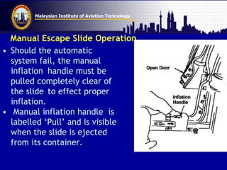 Malaysian Institute of Aviation Technology
Manual Escape Slide Operation
• Should the automatic
system fail, the manual
inflation handle must be
pulled completely clear of
the slide to effect proper
inflation.
• Manual inflation handle is
labelled ‘Pull’ and is visible
when the slide is ejected
from its container.
 