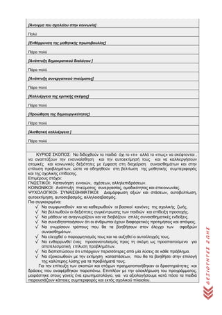 ΔΕΞΙΟΤΗΤΕΣΖΩΗΣ
[Άνοιγμα του σχολείου στην κοινωνία]
Πολύ
[Ενθάρρυνση της μαθητικής πρωτοβουλίας]
Πάρα πολύ
[Ανάπτυξη δημοκρατικού διαλόγου ]
Πάρα πολύ
[Ανάπτυξη συνεργατικού πνεύματος]
Πάρα πολύ
[Καλλιέργεια της κριτικής σκέψης]
Πάρα πολύ
[Προώθηση της δημιουργικότητας]
Πάρα πολύ
[Αισθητική καλλιέργεια ]
Πάρα πολύ
ΚΥΡΙΟΣ ΣΚΟΠΟΣ: Να διδαχθούν τα παιδιά όχι το «τι» αλλά το «πως» να σκέφτονται ,
να αναπτύξουν την ενσυναίσθηση και την αυτοεκτίμησή τους και να καλλιεργήσουν
ατομικές και κοινωνικές δεξιότητες με έμφαση στη διαχείριση συναισθημάτων και στην
επίλυση προβλημάτων, ώστε να οδηγηθούν στη βελτίωση της μαθητικής συμπεριφοράς
και της σχολικής επίδοσης.
Επιμέρους στόχοι:
ΓΝΩΣΤΙΚΟΙ: Κατανόηση εννοιών, σχέσεων, αλληλεπιδράσεων.
ΚΟΙΝΩΝΙΚΟΙ: Ανάπτυξη πνεύματος συνεργασίας, ομαδικότητας και επικοινωνίας.
ΨΥΧΟΛΟΓΙΚΟΙ- ΣΥΝΑΙΣΘΗΜΑΤΙΚΟΙ: Διαμόρφωση αξιών και στάσεων, αυτοβελτίωση,
αυτοεκτίμηση, αυτοσεβασμός, αλληλοσεβασμός.
Πιο συγκεκριμένα:
√ Να συμφωνηθούν και να καθιερωθούν οι βασικοί κανόνες της σχολικής ζωής.
√ Να βελτιωθούν οι δεξιότητες συγκέντρωσης των παιδιών και επίδειξη προσοχής.
√ Να μάθουν να αναγνωρίζουν και να διαβάζουν απλές συναισθηματικές ενδείξεις.
√ Να συνειδητοποιήσουν ότι οι άνθρωποι έχουν διαφορετικές προτιμήσεις και απόψεις.
√ Να γνωρίσουν τρόπους που θα τα βοηθήσουν στον έλεγχο των σφοδρών
συναισθημάτων.
√ Να ελεγχθεί ο παρορμητισμός τους και να αυξηθεί ο αυτοέλεγχός τους.
√ Να ενθαρρυνθεί ένας προσανατολισμός προς τη σκέψη ως προαπαιτούμενο για
αποτελεσματική επίλυση προβλημάτων.
√ Να διαπιστώσουν ότι υπάρχουν περισσότερες από μία λύσεις σε κάθε πρόβλημα.
√ Να εξοικειωθούν με την εκτίμηση καταστάσεων, που θα τα βοηθήσει στην επιλογή
της καλύτερης λύσης για τα προβλήματά τους.
Για την επίτευξη των σκοπών και στόχων πραγματοποιήθηκαν οι δραστηριότητες και
δράσεις που αναφέρθηκαν παραπάνω. Επιπλέον με την ολοκλήρωση του προγράμματος,
μοιράστηκε στους γονείς ένα ερωτηματολόγιο, για να αξιολογήσουμε κατά πόσο τα παιδιά
παρουσιάζουν κάποιες συμπεριφορές και εκτός σχολικού πλαισίου.
 