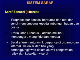SISTEM SARAF
Saraf Sensori (Afferen)
- ‘Proprioceptor senses’ berpunca dari otot dan
sendi menyumbang kepada imbangan badan dan
postur
- Deria khas / khusus – adalah melihat ,
mendengar , menghidu dan merasa
- Saraf afferen autonomik berpunca di organ-organ
internal , kelenjar dan tisu yang
bertanggungjawab dalam aktiviti pengawalan
reflek dan kesakitan viseral
 