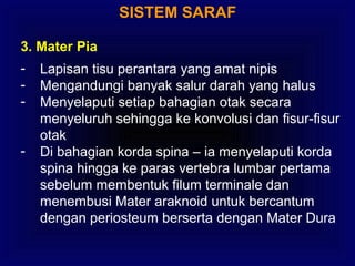 SISTEM SARAF
3. Mater Pia
- Lapisan tisu perantara yang amat nipis
- Mengandungi banyak salur darah yang halus
- Menyelaputi setiap bahagian otak secara
menyeluruh sehingga ke konvolusi dan fisur-fisur
otak
- Di bahagian korda spina – ia menyelaputi korda
spina hingga ke paras vertebra lumbar pertama
sebelum membentuk filum terminale dan
menembusi Mater araknoid untuk bercantum
dengan periosteum berserta dengan Mater Dura
 