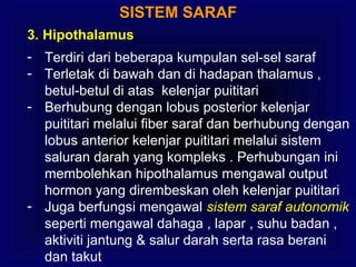 SISTEM SARAF
3. Hipothalamus
- Terdiri dari beberapa kumpulan sel-sel saraf
- Terletak di bawah dan di hadapan thalamus ,
betul-betul di atas kelenjar puititari
- Berhubung dengan lobus posterior kelenjar
puititari melalui fiber saraf dan berhubung dengan
lobus anterior kelenjar puititari melalui sistem
saluran darah yang kompleks . Perhubungan ini
membolehkan hipothalamus mengawal output
hormon yang dirembeskan oleh kelenjar puititari
- Juga berfungsi mengawal sistem saraf autonomik
seperti mengawal dahaga , lapar , suhu badan ,
aktiviti jantung & salur darah serta rasa berani
dan takut
 