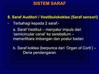 SISTEM SARAF
8. Saraf Auditori / Vestibulokoklea (Saraf sensori)
- Terbahagi kepada 2 saraf:-
a. Saraf Vestibul – menyalur impuls dari
‘semicircular canal’ ke serebellum –
memerlihara imbangan dan postur badan
b. Saraf koklea (berpunca dari ‘Organ of Corti’) –
Deria pendengaran
 