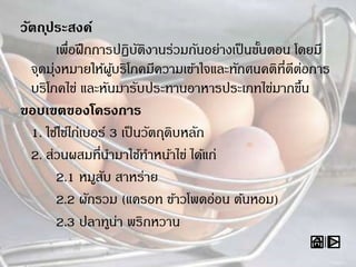 วัตถุประสงค์
เพื่อฝึกการปฏิบัติงานร่วมกันอย่างเป็นขั้นตอน โดยมี
จุดมุ่งหมายให้ผู้บริโภคมีความเข้าใจและทักศนคติที่ดีต่อการ
บริโภคไข่ และหันมารับประทานอาหารประเภทไข่มากขึ้น
ขอบเขตของโครงการ
1. ใช้ไข่ไก่เบอร์ 3 เป็นวัตถุดิบหลัก
2. ส่วนผสมที่นามาใช้ทาหน้าไข่ ได้แก่
2.1 หมูสับ สาหร่าย
2.2 ผักรวม (แครอท ข้าวโพดอ่อน ต้นหอม)
2.3 ปลาทูน่า พริกหวาน
 