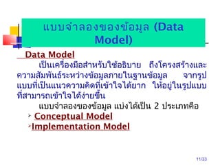 11/33
แบบจำาลองของข้อมูล (Data
Model)
Data Model
เป็นเครื่องมือสำาหรับใช้อธิบาย ถึงโครงสร้างและ
ความสัมพันธ์ระหว่างข้อมูลภายในฐานข้อมูล จากรูป
แบบที่เป็นแนวความคิดที่เข้าใจได้ยาก ให้อยู่ในรูปแบบ
ที่สามารถเข้าใจได้ง่ายขึ้น
แบบจำาลองของข้อมูล แบ่งได้เป็น 2 ประเภทคือ
 Conceptual Model
Implementation Model
 