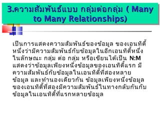3.3.ความสัมพันธ์แบบ กลุ่มต่อกลุ่มความสัมพันธ์แบบ กลุ่มต่อกลุ่ม (( ManyMany
to Many Relationships)to Many Relationships)
3.3.ความสัมพันธ์แบบ กลุ่มต่อกลุ่มความสัมพันธ์แบบ กลุ่มต่อกลุ่ม (( ManyMany
to Many Relationships)to Many Relationships)
เป็นการแสดงความสัมพันธ์ของข้อมูล ของเอนทิตี้
หนึ่งว่ามีความสัมพันธ์กับข้อมูลในอีกเอนทิตี้หนึ่ง
ในลักษณะ กลุ่ม ต่อ กลุ่ม หรือเขียนได้เป็น N:M
แสดงว่าข้อมูลเพียงหนึ่งข้อมูลของเอนทิตี้แรก มี
ความสัมพันธ์กับข้อมูลในเอนทิตี้ที่สองหลาย
ข้อมูล และทำานองเดียวกัน ข้อมูลเพียงหนึ่งข้อมูล
ของเอนทิตี้ที่สองมีความสัมพันธ์ในทางกลับกันกับ
ข้อมูลในเอนทิตี้ที่แรกหลายข้อมูล
 