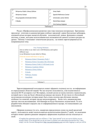 23
Britannica Public Library Edition
Britannica School
Encyclopaedia Universalis Online
E-Books
Smart Math
Spanish Reference Center
Universalis Junior Online
World Data Analyst
21st Century Explorer
Таблица 2
Раздел «Профессиональное развитие» нам тоже показался интересным: Британника
предлагает учителям и администраторам учебных заведений серию бесплатных вебинаров,
основной целью которых является обучение пользователей новым функциям и опциям
системы, а также методике использования всех возможностей данного сетевого ресурса на
уроках. Таблица 3 показывает тематические разделы, где можно зарегистрироваться на
понравившуюся тему.
Free Training Webinars
Join us online to see what’s new with Britannica and explore
different ways
to use Britannica in your school or library.
Click the session link below to sign up.
 Britannica School: Elementary PreK-5
 Britannica School: Secondary 6th-12th Grade
 Britannica School: PreK-12 All Grade Levels
 Britannica Academic Edition
 Britannica Library Edition
 E-books
 Pathways: Science
 SmartMath
Таблица 3.
Зарегистрированный пользователь может оформить подписку на год на информацию
из определенных областей знаний. Что же получит пользователь, став подписчиком и
заплатив 60-70 долларов в год? Во-первых, полный доступ ко всему контенту энциклопедии,
который еще к тому же будет обновляться каждые две недели. В том числе и к богатейшей
мультимедиа коллекции, которая может быть очень полезна при обучении лексике,
особенно тех понятий, которые трудно визуализировать. Более того, никакая реклама
третьих лиц или всплывающие поп-баннеры не будут беспокоить подписчиков. То есть
разработчики обещают оградить нас от информационного мусора, что немаловажно для
школьников.
Оформив подписку (то есть, заморозив определенную сумму на своей кредитной
карте), пользователь может воспользоваться испытательным сроком (7 дней), по окончании
которого может принять решение завершать оформление подписки или же отказаться от
оной:
«Complete the registration and you will have a 7-day "grace period" to try our service before you are
actually billed. If you decide that you do not want to continue your subscription beyond the first 7 days,
simply visit the Account Management (http://account.britannica.com) area after logging in, and you will be
 