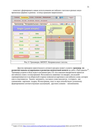 31
– помогает сформировать навык использования английских глаголов в разных видо-
временных формах в режиме «стимул-реакция-закрепление».
Другим примером практического сетевого ресурса может служить тренажер по
развитию навыка аудирования и развитию иноязычной памяти на сайте «Чай вдвоем»56
.
Тренажер устроен в виде игры в пятнашки (рис.12): под каждым квадратиком прячется
английское слово с иллюстрацией. Пользователь нажимает на квадрат, последний
переворачивается и на оборотной стороне появляется картинка и английское слово, которое
еще и озвучивается. Задача: запомнить, где какое слово находится, и открыть две
одинаковые картинки подряд. Иллюстрация, текст и звук способствуют успешному
формированию соответствующих ассоциаций, другими словами – запоминанию.
56
Адрес в Сети: http://www.teafortwo.ru/logicheskie-igryi/treniruem-pamyat.html Дата доступа 8.01.2014
Рис.11 Тренажеры. БИ202Т. Неправильные глаголы.
 