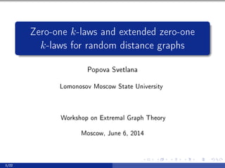 Zero-one k-laws and extended zero-one
k-laws for random distance graphs
Popova Svetlana
vomonosov wos™ow ƒt—te …niversity
‡orkshop on ixtrem—l qr—ph „heory
wos™owD tune TD PHIR
1/22
 