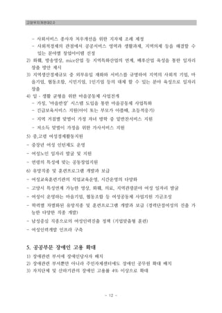 고양무지개연대2.0
- 12 -
- 사회서비스 종사자 처우개선을 위한 지자체 조례 제정
- 사회적경제의 관점에서 공공서비스 영역과 생활과제, 지역의제 등을 해결할 수
있는 분야별 창업아이템 선정
2) 화훼, 방송영상, mice산업 등 지역특화산업의 연계, 배후산업 육성을 통한 일자리
창출 방안 제시
3) 지역생산경제규모 중 외부유입 재화와 서비스를 규명하여 지역의 사회적 기업, 마
을기업, 협동조합, 시민기업, 1인기업 등의 대체 할 수 있는 분야 육성으로 일자리
창출
4) 일 ․ 생활 균형을 위한 마을공동체 사업전개
- 가칭, ‘마을반장’ 시스템 도입을 통한 마을공동체 사업특화
- 긴급보육서비스 지원(아이 또는 부모가 아플때, 초등적응기)
- 지역 거점별 맞벌이 가정 자녀 방학 중 밑반찬서비스 지원
- 저소득 맞벌이 가정을 위한 가사서비스 지원
5) 중,고령 여성경제활동지원
- 중장년 여성 인턴제도 운영
- 여성노인 일자리 발굴 및 지원
- 연령의 특성에 맞는 공동창업지원
6) 유망직종 및 훈련프로그램 개발과 보급
- 여성교육훈련기관의 직업교육운영, 시간운영의 다양화
- 고양시 특성연계 가능한 영상, 화훼, 의료, 지역관광분야 여성 일자리 발굴
- 여성이 운영하는 마을기업, 협동조합 등 여성공동체 사업지원 기금조성
- 학력별 차별화된 유망직종 및 훈련프로그램 개발과 보급 (경력단절여성의 진출 가
능한 다양한 직종 개발)
- 남성중심 직종으로의 여성인력진출 정책 (기업맞춤형 훈련)
- 여성인력개발 인프라 구축
5. 공공부문 장애인 고용 확대
1) 장애관련 부서에 장애인당사자 배치
2) 장애관련 부서뿐만 아니라 주민자체센터에도 장애인 공무원 확대 배치
3) 자치단체 및 산하기관의 장애인 고용률 4% 이상으로 확대
 