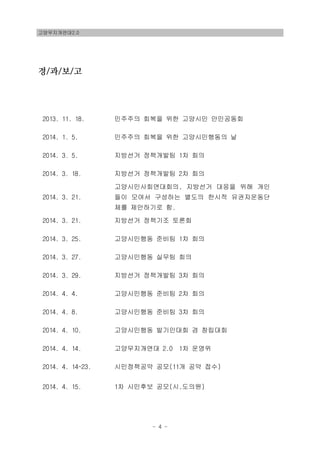 고양무지개연대2.0
- 4 -
2013. 11. 18. 민주주의 회복을 위한 고양시민 만민공동회
2014. 1. 5. 민주주의 회복을 위한 고양시민행동의 날
2014. 3. 5. 지방선거 정책개발팀 1차 회의
2014. 3. 18. 지방선거 정책개발팀 2차 회의
2014. 3. 21.
고양시민사회연대회의, 지방선거 대응을 위해 개인
들이 모여서 구성하는 별도의 한시적 유권자운동단
체를 제안하기로 함.
2014. 3. 21. 지방선거 정책기조 토론회
2014. 3. 25. 고양시민행동 준비팀 1차 회의
2014. 3. 27. 고양시민행동 실무팀 회의
2014. 3. 29. 지방선거 정책개발팀 3차 회의
2014. 4. 4. 고양시민행동 준비팀 2차 회의
2014. 4. 8. 고양시민행동 준비팀 3차 회의
2014. 4. 10. 고양시민행동 발기인대회 겸 창립대회
2014. 4. 14. 고양무지개연대 2.0 1차 운영위
2014. 4. 14~23. 시민정책공약 공모(11개 공약 접수)
2014. 4. 15. 1차 시민후보 공모(시,도의원)
경/과/보/고
 