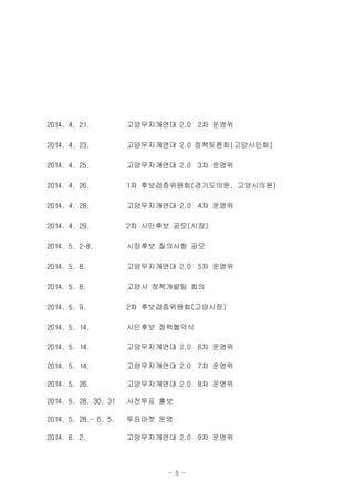 - 5 -
2014. 4. 21. 고양무지개연대 2.0 2차 운영위
2014. 4. 23. 고양무지개연대 2.0 정책토론회(고양시민회)
2014. 4. 25. 고양무지개연대 2.0 3차 운영위
2014. 4. 26. 1차 후보검증위원회(경기도의원, 고양시의원)
2014. 4. 28. 고양무지개연대 2.0 4차 운영위
2014. 4. 29. 2차 시민후보 공모(시장)
2014. 5. 2~8. 시장후보 질의사항 공모
2014. 5. 8. 고양무지개연대 2.0 5차 운영위
2014. 5. 8. 고양시 정책개발팀 회의
2014. 5. 9. 2차 후보검증위원회(고양시장)
2014. 5. 14. 시민후보 정책협약식
2014. 5. 14. 고양무지개연대 2.0 6차 운영위
2014. 5. 14. 고양무지개연대 2.0 7차 운영위
2014. 5. 26. 고양무지개연대 2.0 8차 운영위
2014. 5. 28. 30. 31 사전투표 홍보
2014. 5. 28.~ 6. 5. 투표마켓 운영
2014. 6. 2. 고양무지개연대 2.0 9차 운영위
 