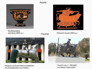 Αγγεία
Ερυθρόμορφος
κρατήρας (360π.χ.) Ελληνικό Αγγείο (480π.χ.)
Άγαλμα στο Ευρωπαϊκό κοινοβούλιο,
στο Στρασβούργο της Γαλλίας
Γλυπτό του κ. Ι. Μπαρδή
στο Άλσος Περιστερίου
 